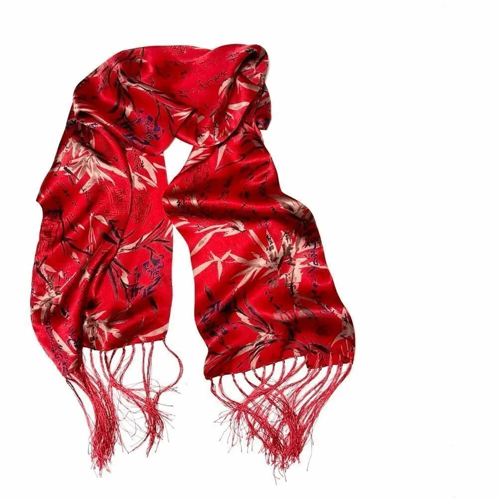Men's Red Doubled Silk Scarf Hieroglyphs and Floral Bamboo Design Fringed